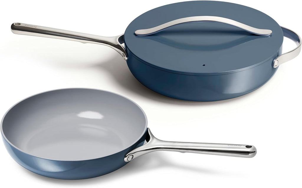 Caraway Fry Pan and Sauté Pan Duo - 10.5' Ceramic Frying Pan and 11.8' Deep Sauté Pan with Lid - Non Stick, Non Toxic, Oven Safe - Navy