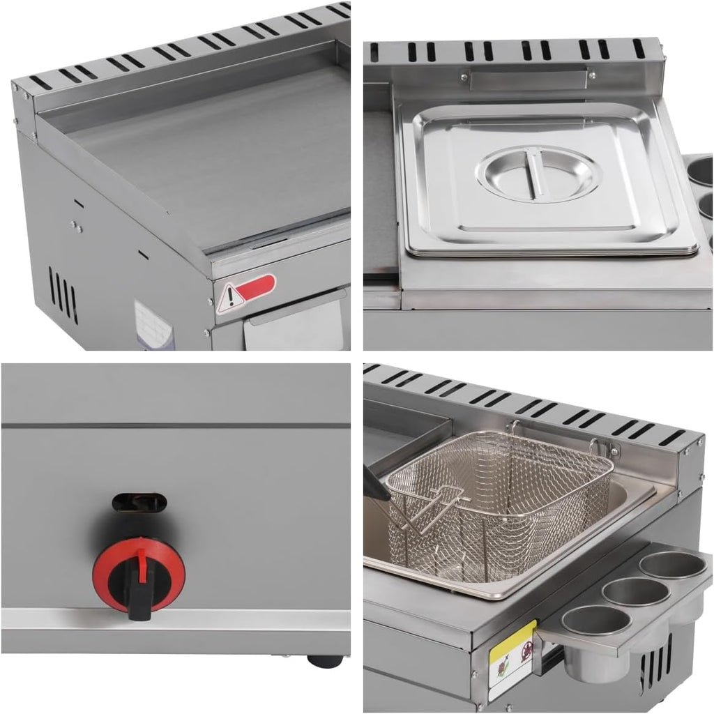 Commercial Flat Top Grill and 6L Deep Fryer Combo, Gas Nonstick Griddle, Countertop Stainless Steel Griddle and Deep Fryer with Basket for French Fry Restaurants Fast Food Stands
