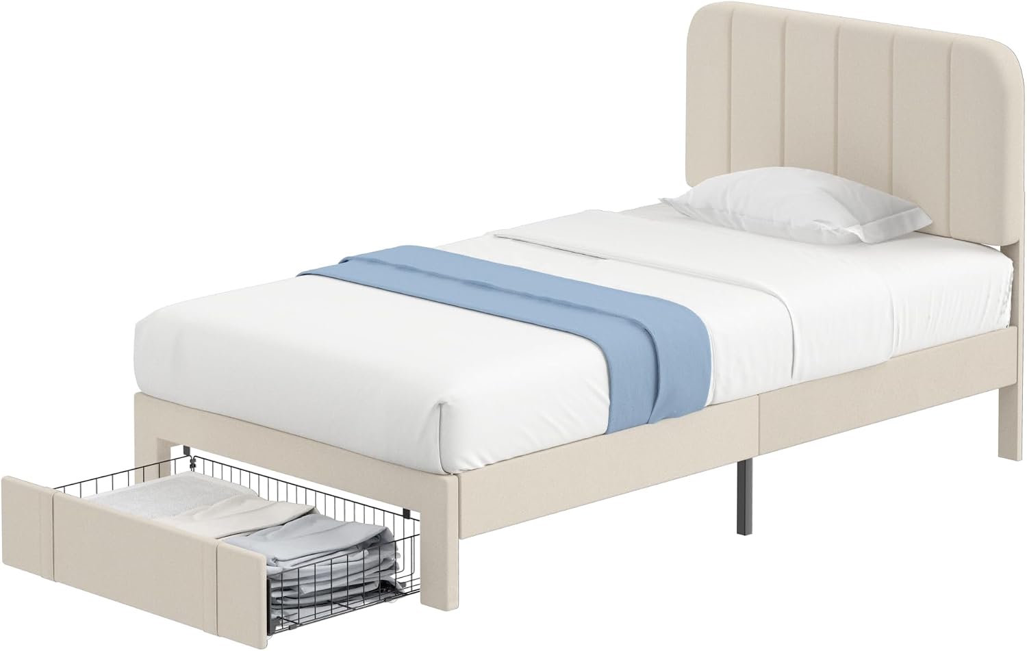 VECELO Twin Size Upholstered Bed Frame with Drawer and Headboard, Velvet Platform Storage Bedframe, Wooden Slats Support, No Box Spring Needed,Bone Beige