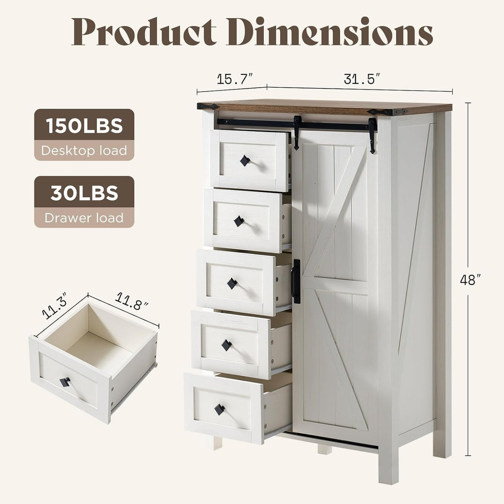AMERLIFE 2PCS Farmhouse Dresser Set with Sliding Barn Doors, 47' Wide 4-Drawer Dresser & 5-Drawer Tall Chest of Drawers, Bedroom Storage Organizer, Distressed White