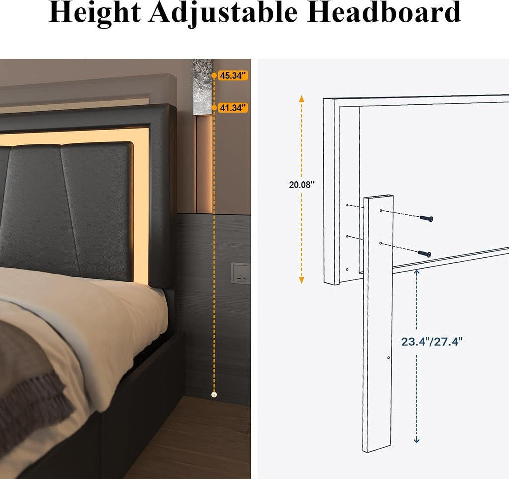 Benevika Full Bed Frame with 4 Storage Drawers and Adjustable Headboard, Upholstered Platform Bed with LED Lights and USB Ports, Solid Wooden Slats Support, Faux Leather, Easy Assembly, Black