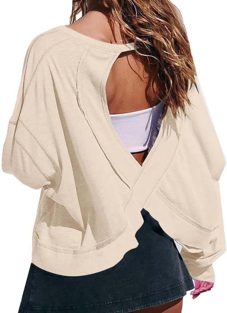 FMCHICO Backless Top for Women Crop Oversized Crewneck Pullovers Casual Loose Long Sleeve Shirts Running Y2k Yoga Outfits