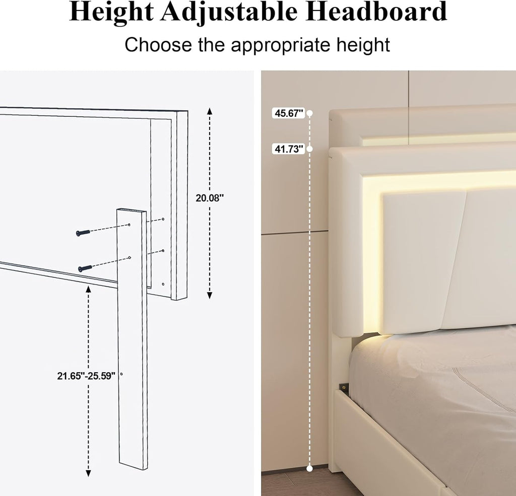 Full Size Bed Frame with 4 Storage Drawers and LED Lights, Upholstered Platform Bed with Adjustable Headboard and Charging Station, Metal Slats Support, No Box Spring Needed,Easy Assembly, White