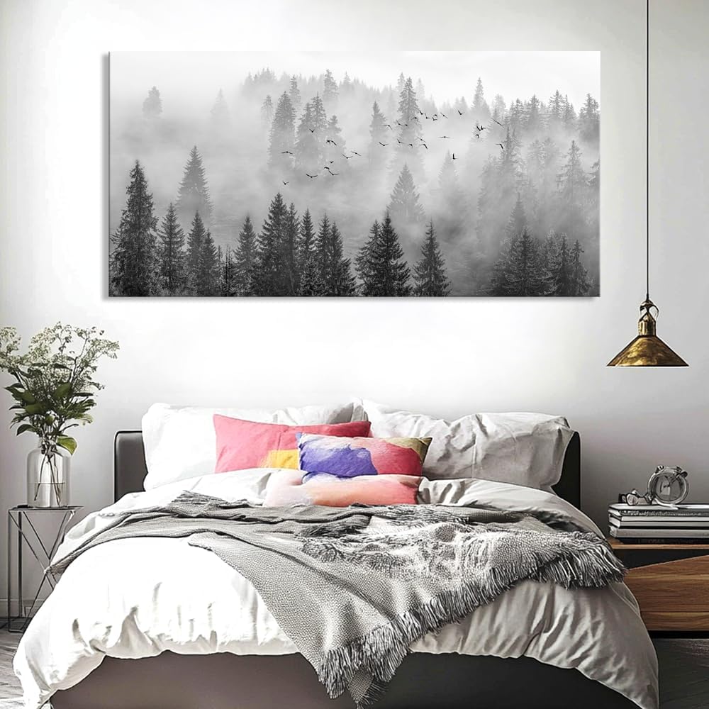 vgrozirh Wall Art Foggy Forest Black and White Wall Art Nature Landscape Mountain Photographic Printed on Canvas for Bedroom Living Room Office Home Decor Ready to Hang 71'x36'
