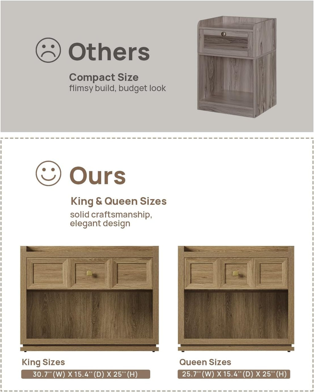 SICOTAS 31' Wide Nightstands Set of 2, Large Night Stands with Drawer, Oversized King Size Nightstand Bedside Table for Bedroom, Farmhouse End Side Table Set of 2 (Brown Oak, 31-Inch)