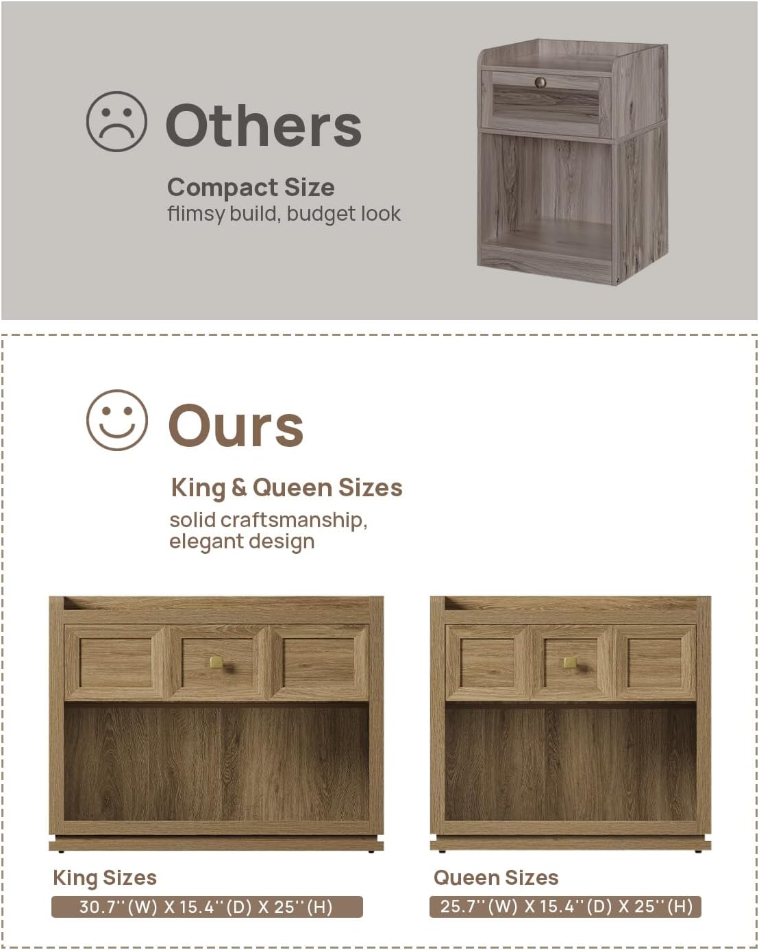 SICOTAS 31' Wide Nightstands Set of 2, Large Night Stands with Drawer, Oversized King Size Nightstand Bedside Table for Bedroom, Farmhouse End Side Table Set of 2 (Brown Oak, 31-Inch)