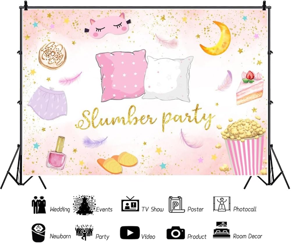 Leyiyi 20x10ft Slumber Party Backdrop Pajama Pillow Fight Photography Background Sleepover Party Backdrop for Girls Pink Pillow Sleepover Slumber Party Spa Makeup Birthday Banner Vinyl Supplies
