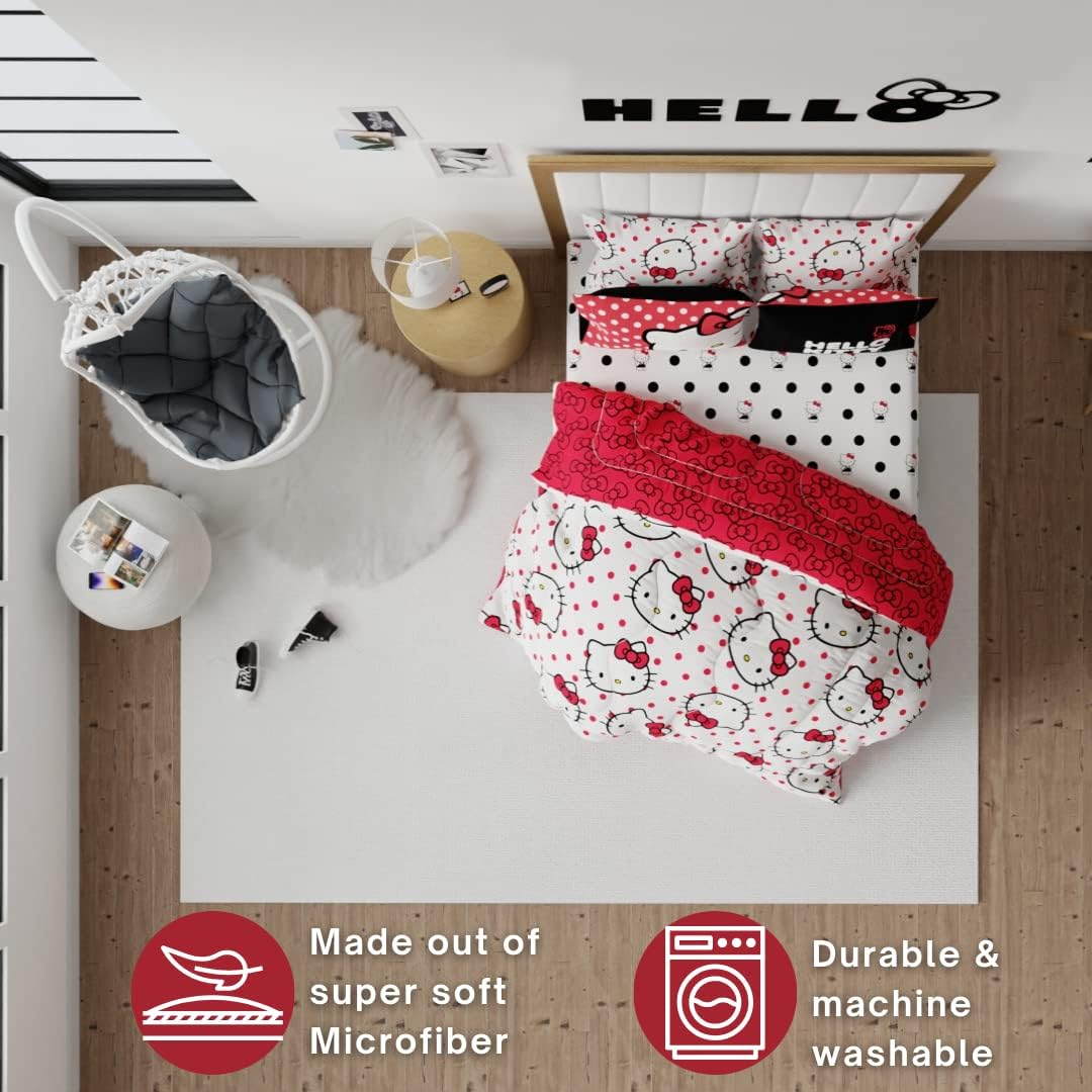 Hello Kitty Polka Dot Bedding 7 Piece Super Soft Comforter and Sheet Set with Sham, Queen, (Official Licensed Product) by Franco Collectibles