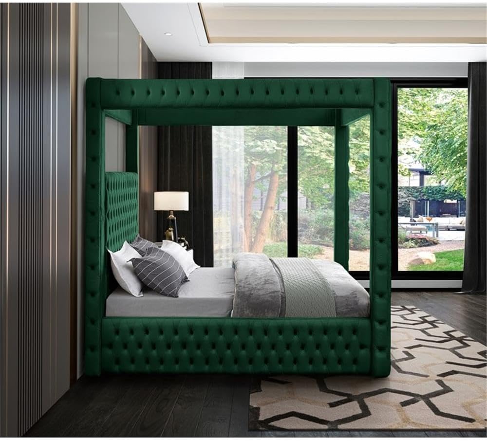 Meridian Furniture RoyalGreen-Q Royal Collection Modern | Contemporary Velvet Upholstered Queen Bed with Soft Green Velvet, Deep Elegant Tufting, Canopy, 70.5' W x 89' D x 87' H, Green, Queen