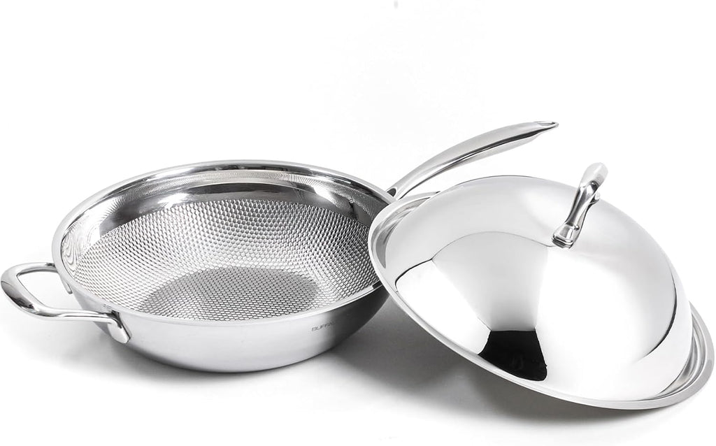 BUFFALO Honeycomb 3ply Stainless Steel Wok Pan 11 inch/28cm with Lid Flat Bottom - Coating-Free Non-stick Stir Fry Pan - Advanced, Scratch-Resistant Design with Stay-Cool Long Handle