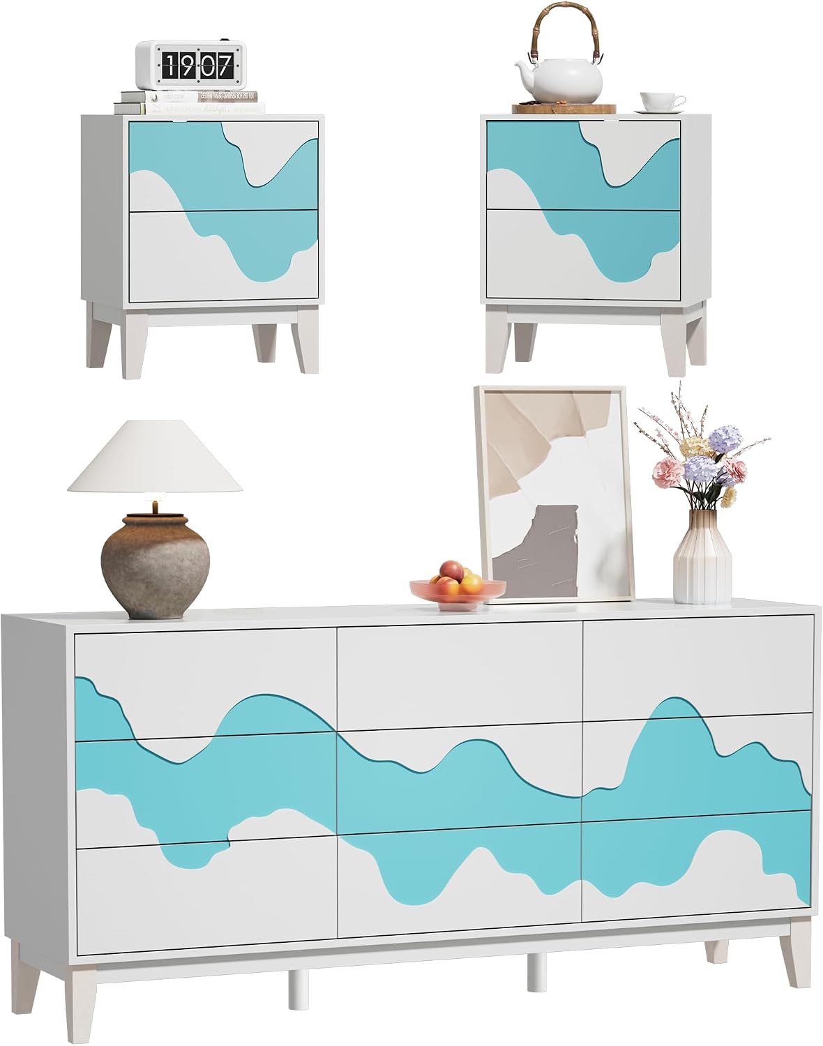 UEV 9-Drawer Dresser & 2 Nightstands Set - 3 Piece Modern Bedroom Furniture Set, 63' Wide Wooden Chest of Drawers with Flowing Water Pattern,2-Drawer Night Stands for Bedroom (White/Blue