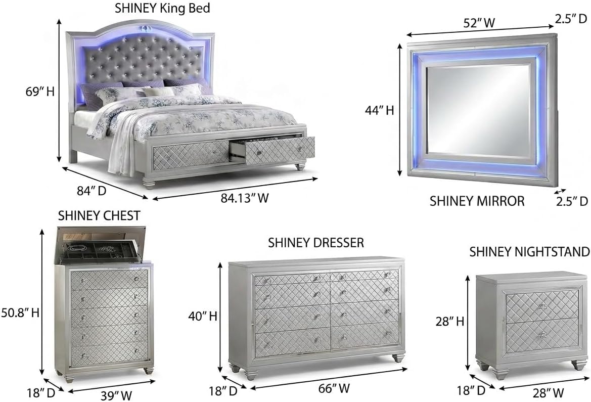 First of a Kind Shiney Contemporary 5 Piece King Bedroom Set High Gloss Silver Finish with Upholstered Headboard, Sleek Modern Bedroom Furniture Set for Coordinated Interiors