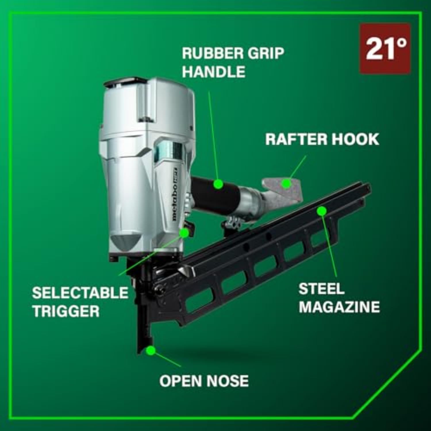 Metabo HPT Framing Nailer, Pro-Preferred Pneumatic Power Nailer & Framing Tool For Flooring, Roof Decking & More, Rapid Response Cylinder Valve, 21° 2' to 3-1/4' Plastic Collated Nails, NR83A5(S)