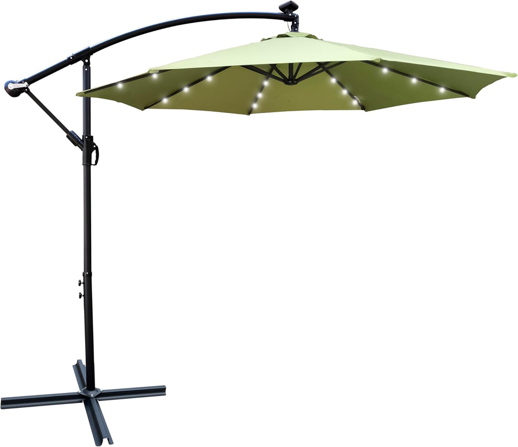 10ft 8 Ribs Outdoor Patio Umbrella with 24 LED Lights, Solar Powered Lighted Sun Shade Market Umbrella with Crank and Cross Base, for Garden Deck Backyard Pool Deck Swimming Pool