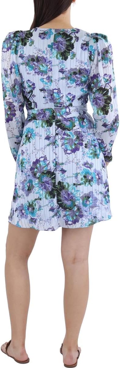 BCBGMAXAZRIA Women's Fit and Flare Mini Dress Long Puff Sleeve Surplice Neck Detachable Sash Belt