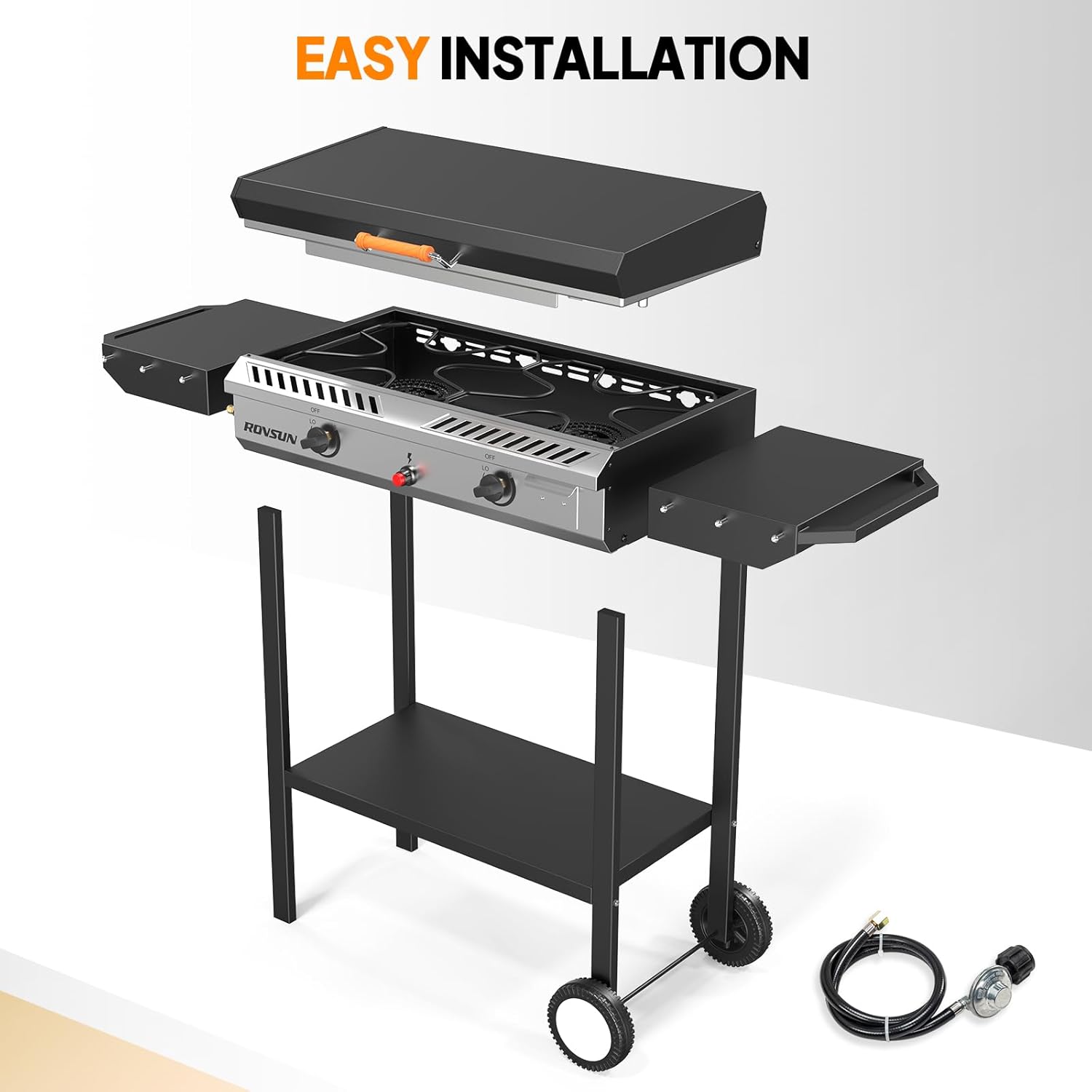 ROVSUN 2-in-1 Propane Stove & 30'' Griddle Combo with Ignition, 2 Burner 150,000 BTU Gas Stove & Grill with Side Shelves, Rolling Wheel & Regulator for Home Outdoor Backyard Camping Cooking Grilling