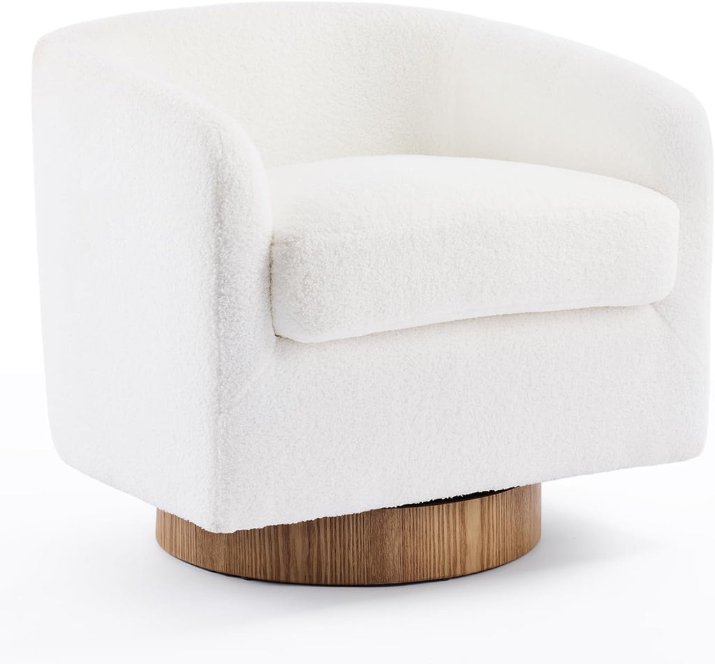 VINGLI 360°Swivel Accent Chair with Engineered Wood Base and Removable Cushion for Living Room, Bedroom, Curved Back Barrel Chair for Small Space, Upholstered Bucket Armchair, Teddy White