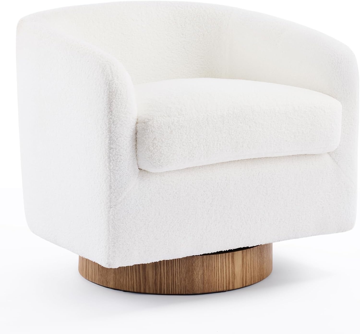 VINGLI 360°Swivel Accent Chair with Engineered Wood Base and Removable Cushion for Living Room, Bedroom, Curved Back Barrel Chair for Small Space, Upholstered Bucket Armchair, Teddy White
