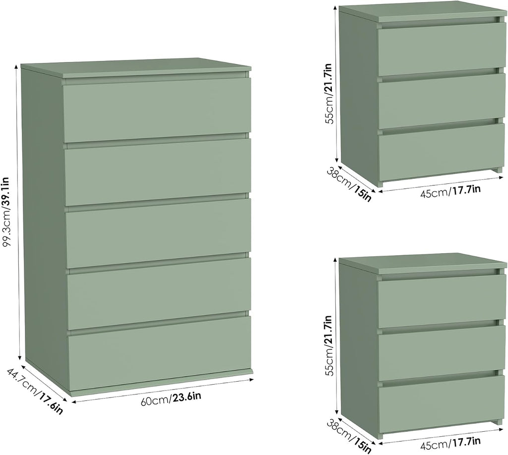 FOTOSOK Bedroom Set, 5 Drawer Dresser and Nightstand Sets for Bedroom, 3 Piece Bedroom Set, Night Stand Set of 2 & White Dresser Set, Chest of Drawers Storage Cabinet Set, Green