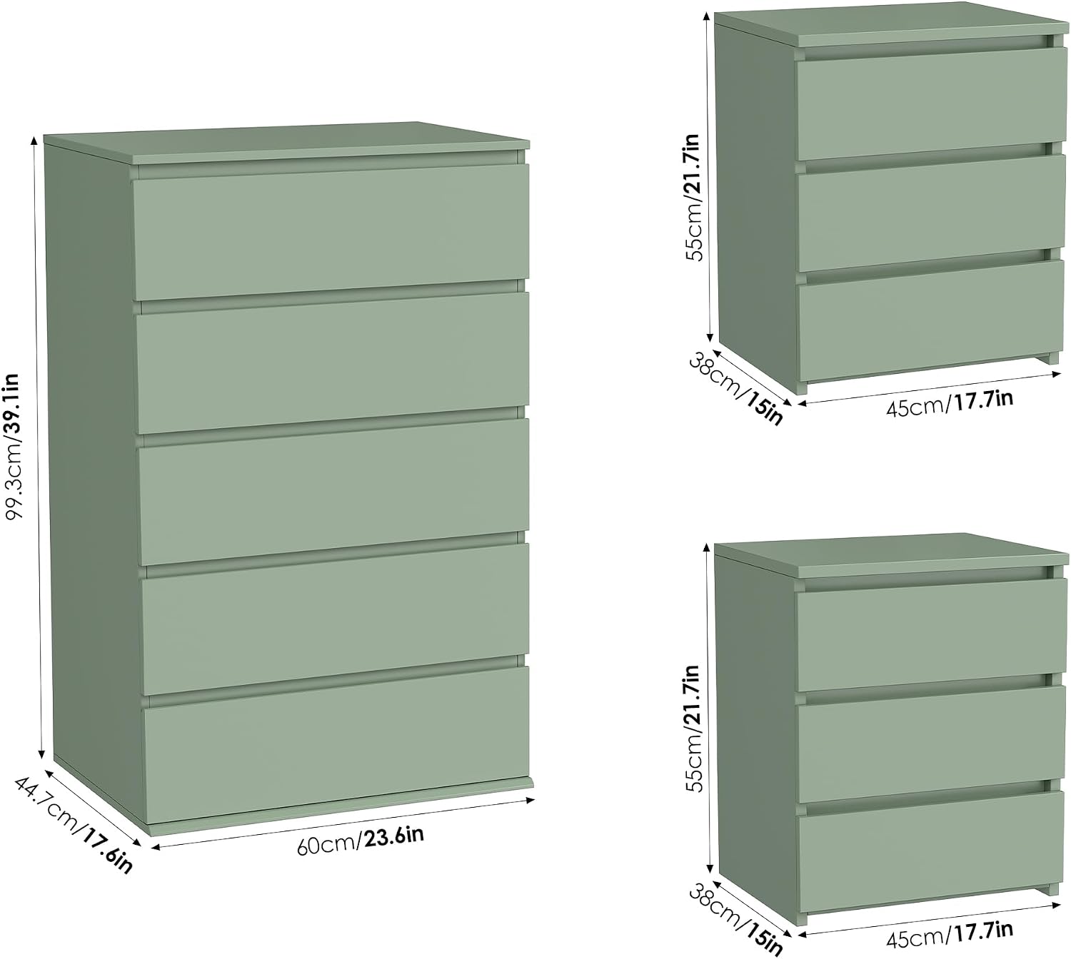 FOTOSOK Bedroom Set, 5 Drawer Dresser and Nightstand Sets for Bedroom, 3 Piece Bedroom Set, Night Stand Set of 2 & White Dresser Set, Chest of Drawers Storage Cabinet Set, Green