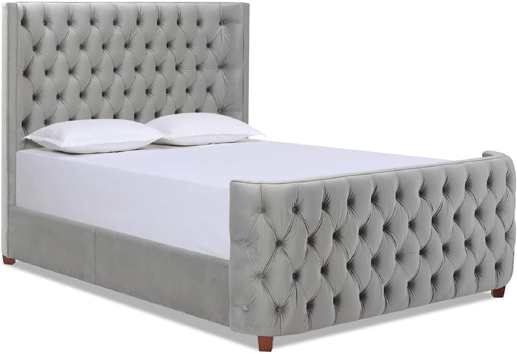 Jennifer Taylor Home Brooklyn Queen Tufted Panel Bed Headboard and Footboard Set, Opal Grey Velvet