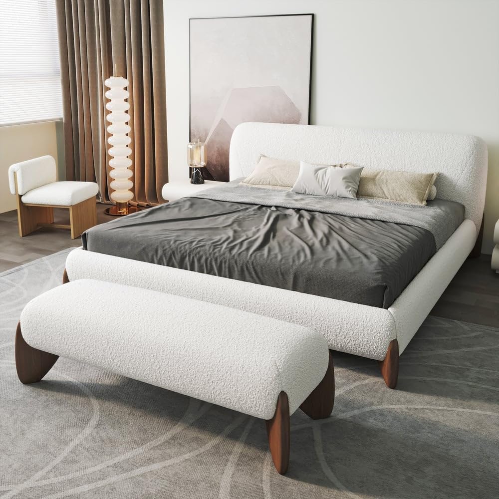 homary Curva Modern White Boucle King Size Platform Bed Set & Bedroom Bench with Solid Rubber Wood Legs, Upholstered Headboard, Comfortable & Stylish for Master Suite or Guest Room