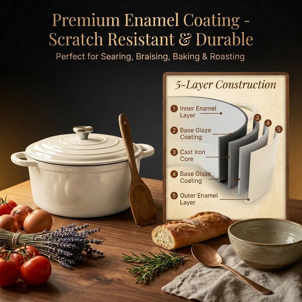 Nonstick Enameled Cast Iron Cookware Set - 8 Piece Pots and Pans with Lid, Frying Pan, Skillet, Dutch Oven Set for All Stovetops, Ideal for Sourdough Bread Baking, Comes with Organizer, Cream White
