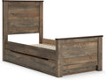 Signature Design by Ashley Trinell Casual Twin Panel Platform Bed with 1 Large Storage Drawer and Nailheads, Foundation or Box Spring Not Needed, Dark Brown