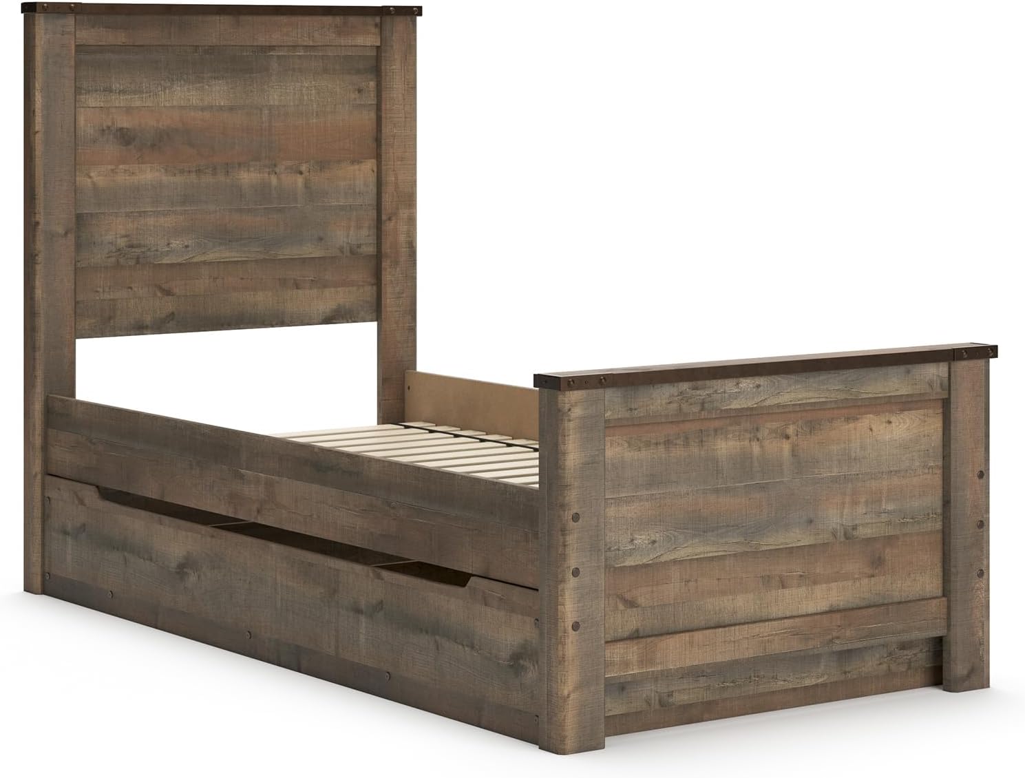 Signature Design by Ashley Trinell Casual Twin Panel Platform Bed with 1 Large Storage Drawer and Nailheads, Foundation or Box Spring Not Needed, Dark Brown