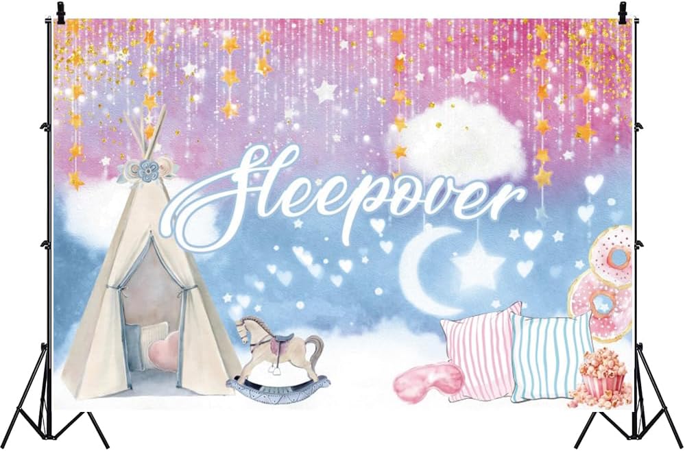 20x10ft Sleepover Party Backdrop for Girls Movie Night Slumber Party Birthday Party Decorations Colorful Pajama Girls Pillow Fight Theme Background Spa Makeup Night Banner Cake Table Supplies