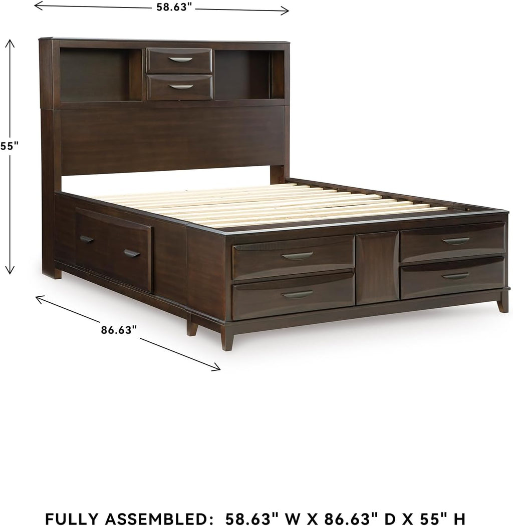 Signature Design by Ashley Vanmore Series Queen Bedframe with Headboard, Storage Drawers and Headboard Cubbies, Casual Contemporary Platform Bed, Dark Brown