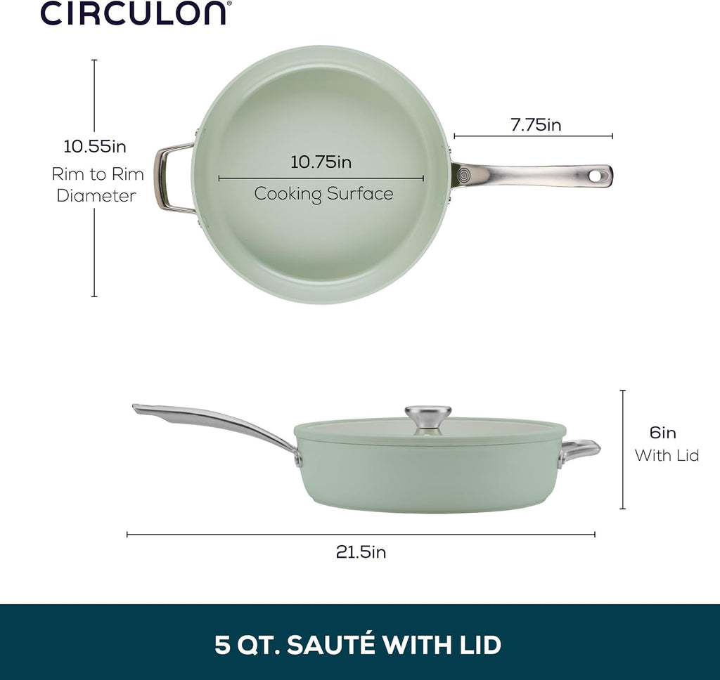 Circulon Halo with LaserDefense Ceramic Nonstick Saute Pan, Helper Handle and Lid, Made without PFAS, Compatible with All Stovetops, Dishwasher & Oven Safe, 5 Quart Multipurpose Nonstick Pan, Sage