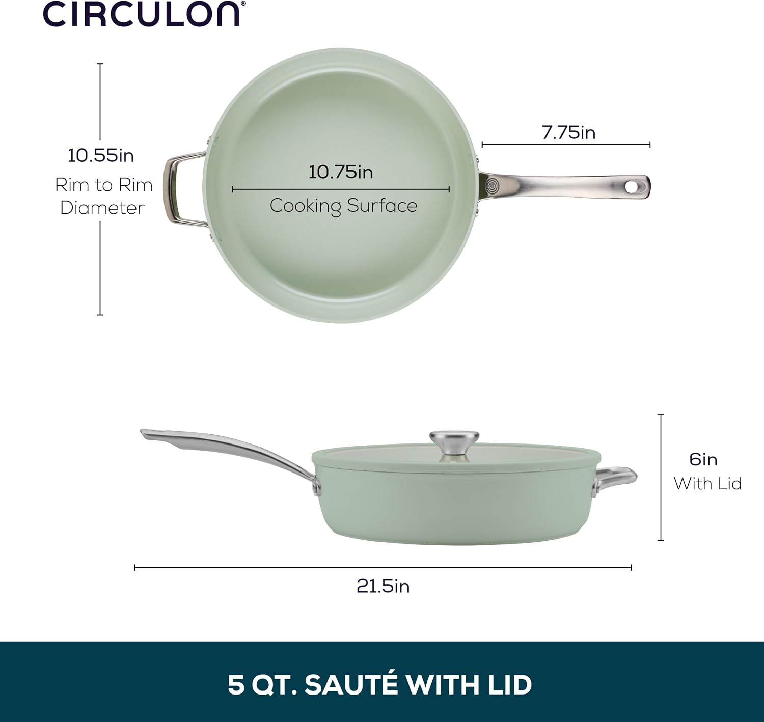 Circulon Halo with LaserDefense Ceramic Nonstick Saute Pan, Helper Handle and Lid, Made without PFAS, Compatible with All Stovetops, Dishwasher & Oven Safe, 5 Quart Multipurpose Nonstick Pan, Sage