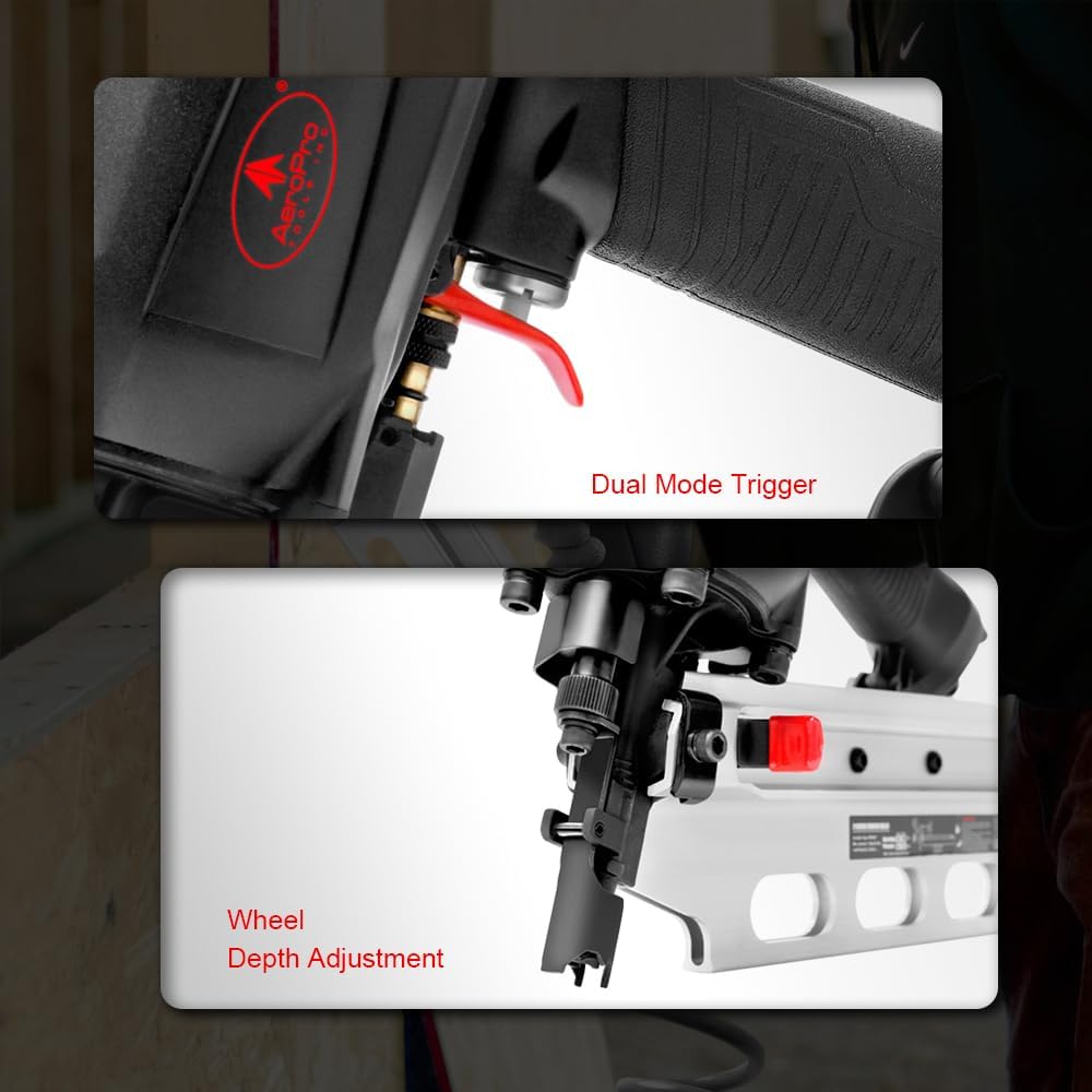AEROPRO TOOLS Pneumatic Framing Nailer RHF9021, 21 Degree plastic collated nails from 2-Inch to 3-1/2-Inch With Toolless Depth Adjust,No Mar Tip and Rafter Hook
