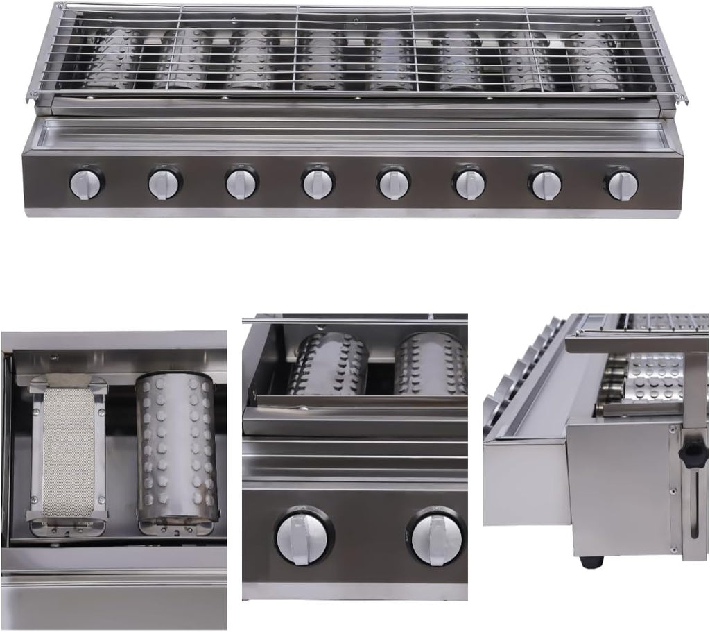 8 Burners Gas BBQ Gril Commercial Gas Griddle Indoor/Outdoor Smokeless Grill Stove, Adjustable Height, Portable Tabletop Grill Cooktop w/Steel Cover & Oil Catch Tray, 40.94 * 15.7 * 7.9in