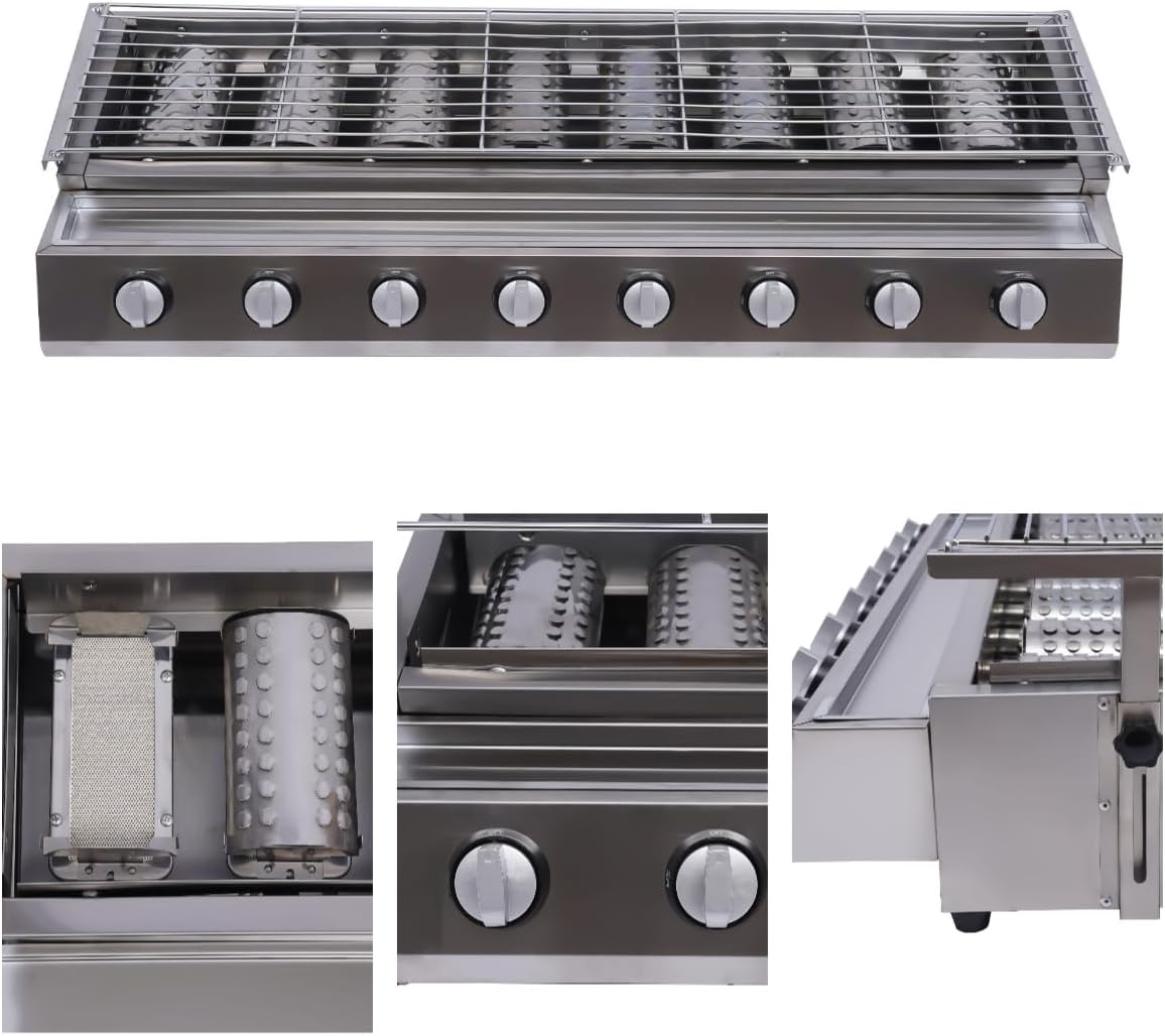 8 Burners Gas BBQ Gril Commercial Gas Griddle Indoor/Outdoor Smokeless Grill Stove, Adjustable Height, Portable Tabletop Grill Cooktop w/Steel Cover & Oil Catch Tray, 40.94 * 15.7 * 7.9in