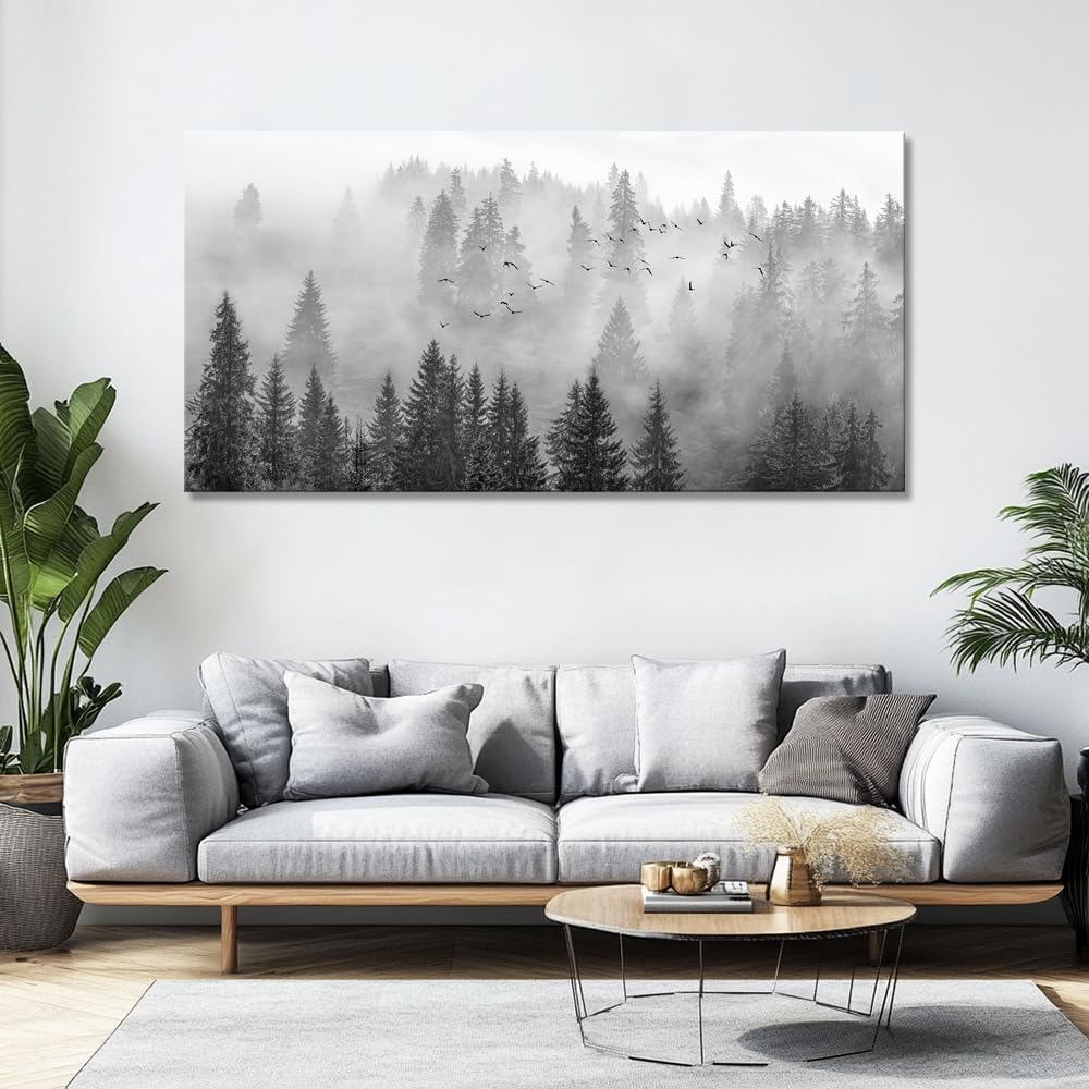 vgrozirh Wall Art Foggy Forest Black and White Wall Art Nature Landscape Mountain Photographic Printed on Canvas for Bedroom Living Room Office Home Decor Ready to Hang 71'x36'