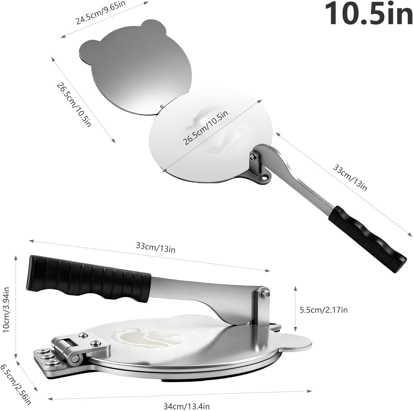 Tortilla Press Stainless Steel，SELERS,Heavy Duty, Adjustable To Press Different Thickness Of Crust, Removable, For Flour Tortilla, Roti, Flatbreads, Taco, Pie, Silver (10.5 inch)