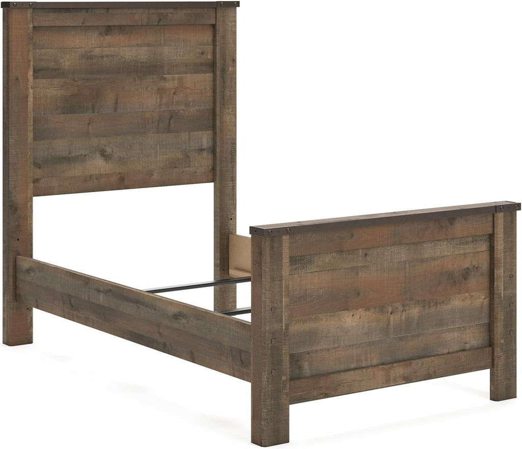 Signature Design by Ashley Trinell Casual Twin Panel Bed with Metal Slats and Nailheads, Foundation or Box Spring Needed, Dark Brown