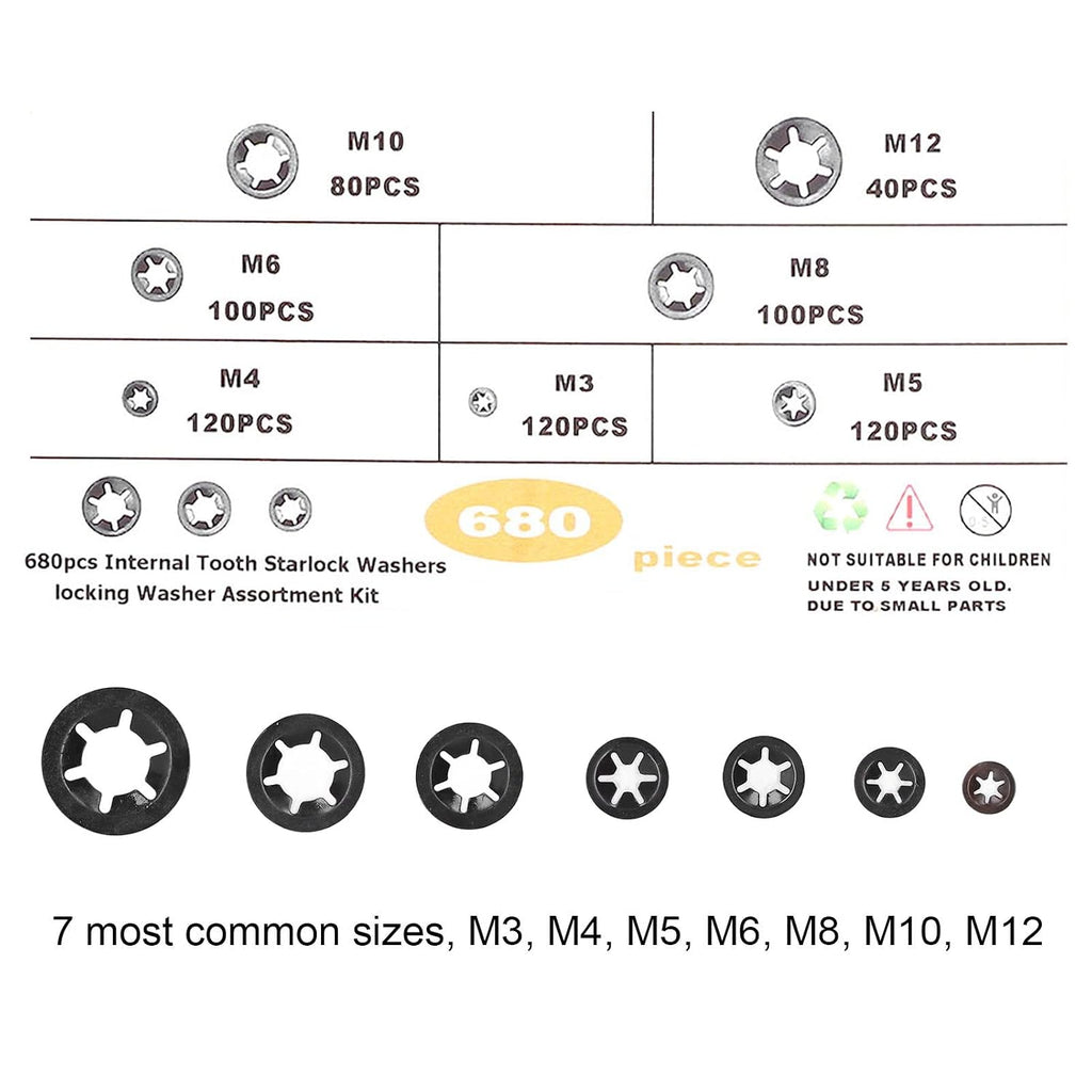 680Pcs Carbon Steel Starlock Washers Kit, M3 to M12 Assortment, Quick Speed Locking, Internal Tooth Design for Secure Fastening, Push Nuts & Retaining Clips Included