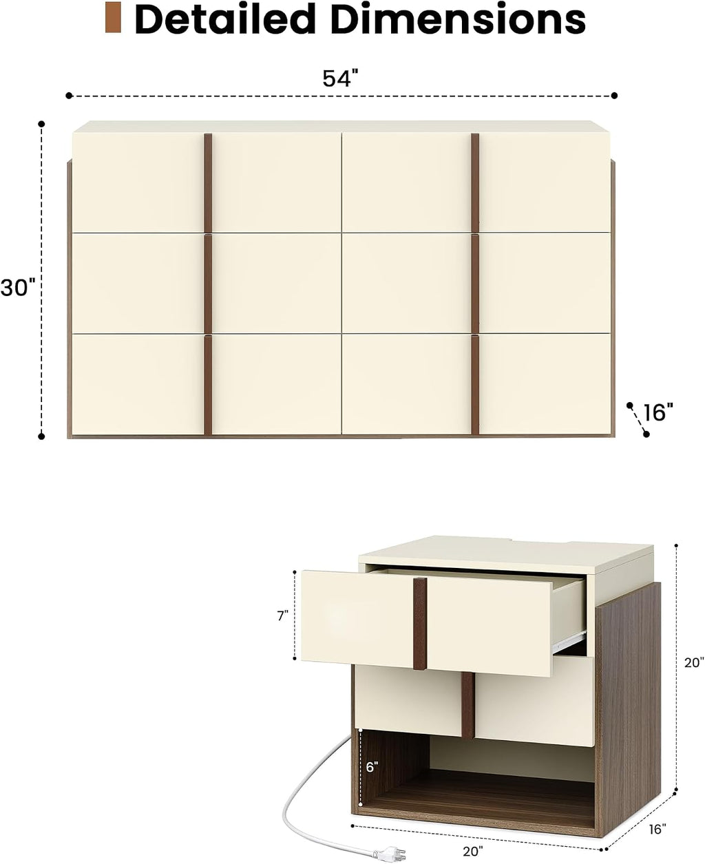 3-Piece Bedroom Furniture Set, 6-Drawer Dresser with 2 Charging Nightstands, Modern Storage Chest & Bedside Tables with Outlets/USB Ports, Cream & Walnut