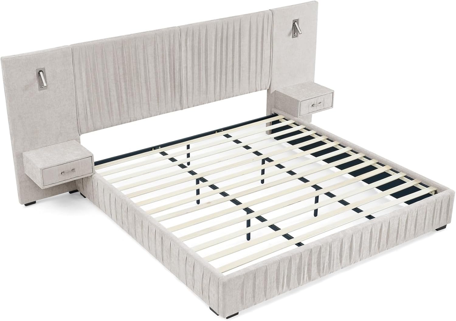 KEIKI King Size Chenille Bed Frame with 2 Nightstands, Lamps & Oversize Headboard, Solid Wood Frame Platform Night Stand Bedroom Set, Upholstered Floor Grounded Bed, No Box Spring Needed, Beige