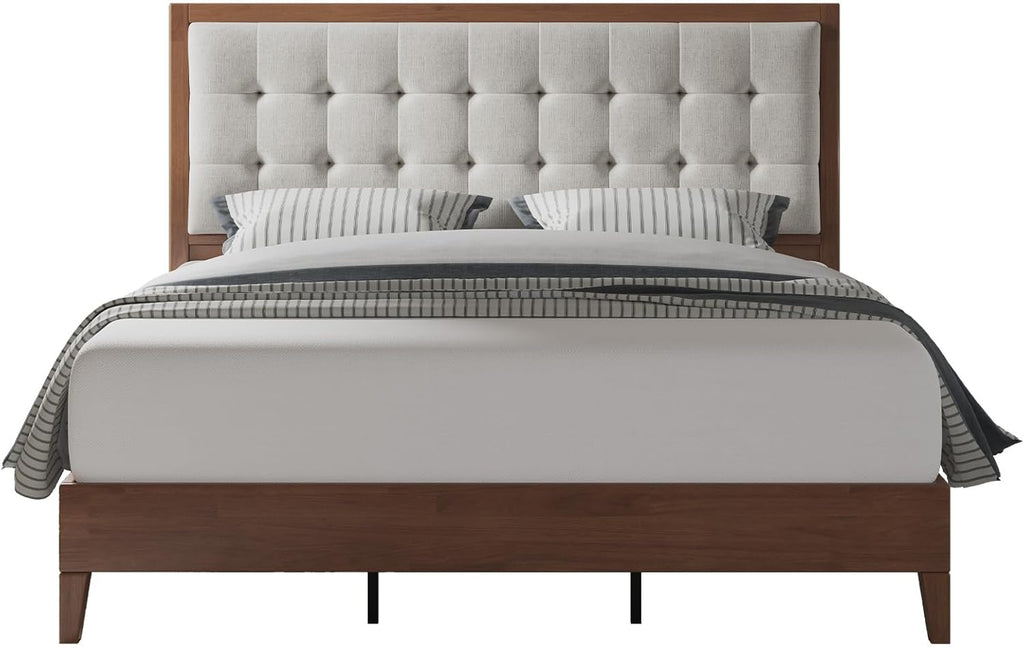 Jocisland Solid Wood Queen Size Bed Frame 50.2' Tall Upholstered Headboard, Mid-Century Style, Stable Platform Support, No Box Spring Needed, Walnut