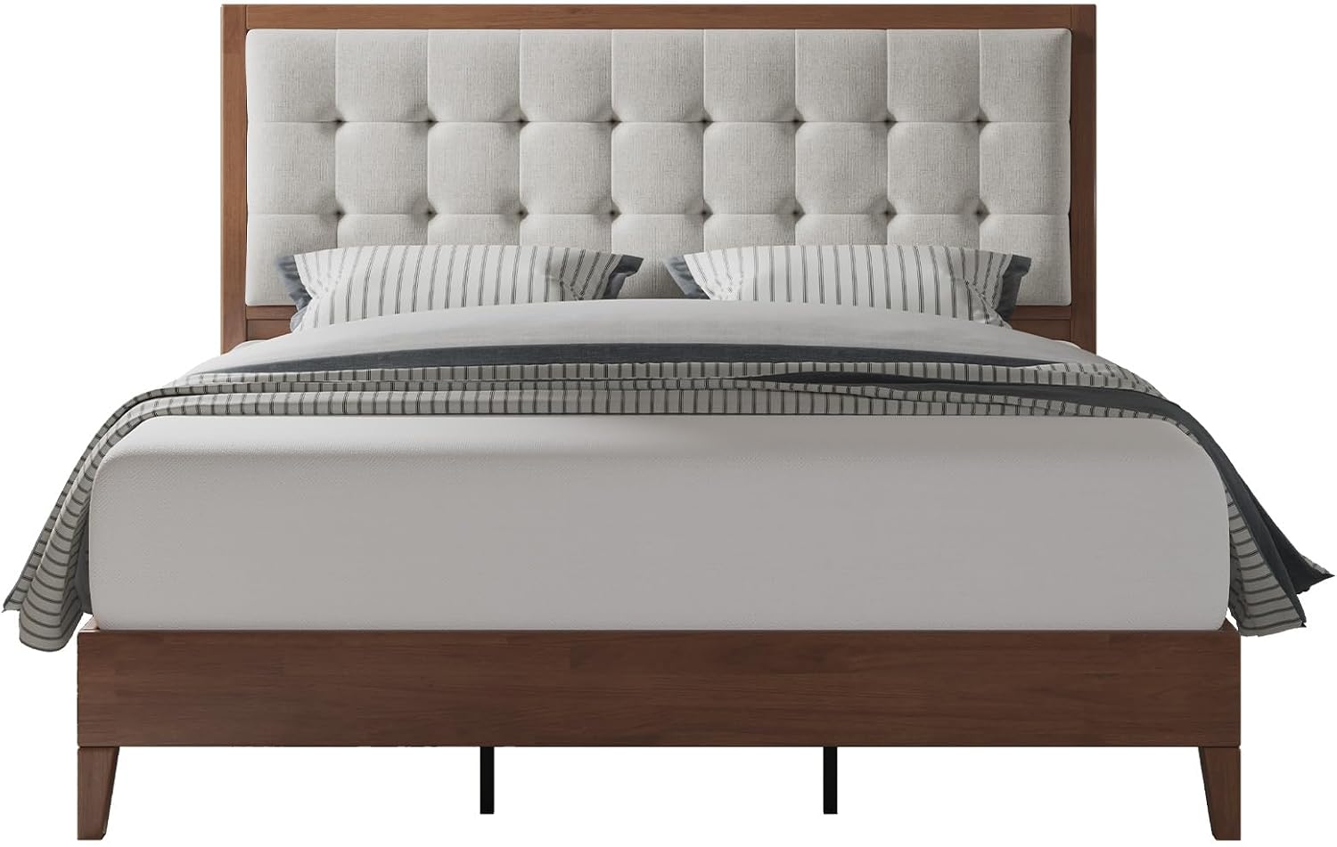 Jocisland Solid Wood Full Size Bed Frame 50.2' Tall Upholstered Headboard, Mid-Century Style, Stable Platform Support, No Box Spring Needed, Walnut