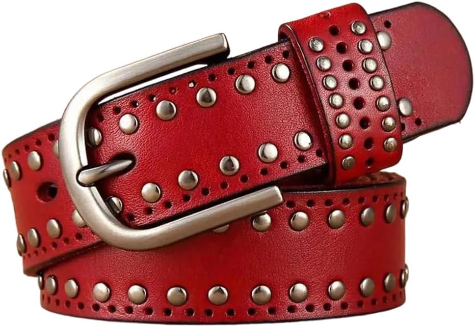 Women Genuine Leather Waist Belt Punk Rivet Hollow Out Design For Jeans Dresses