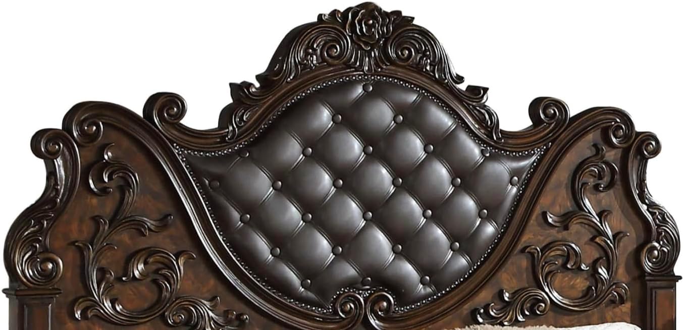 First of a Kind Cosmos Furniture Santa Monica Traditional King Bed - Cherry Finish Wood Bed with Tufted Headboard, Nail Head Trim - King Size Bed for Classic Bedroom Decor