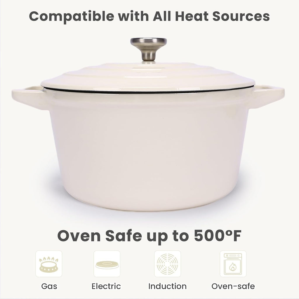 QuliMetal Enameled Cast Iron Set 5-Pc, 10' Stackable Space-Saving Cookware Set, Dutch Oven, Skillet, Grill Pan, with 2 Universal Lid, Versatile Enamel Dutch Oven, Included Spacers, White