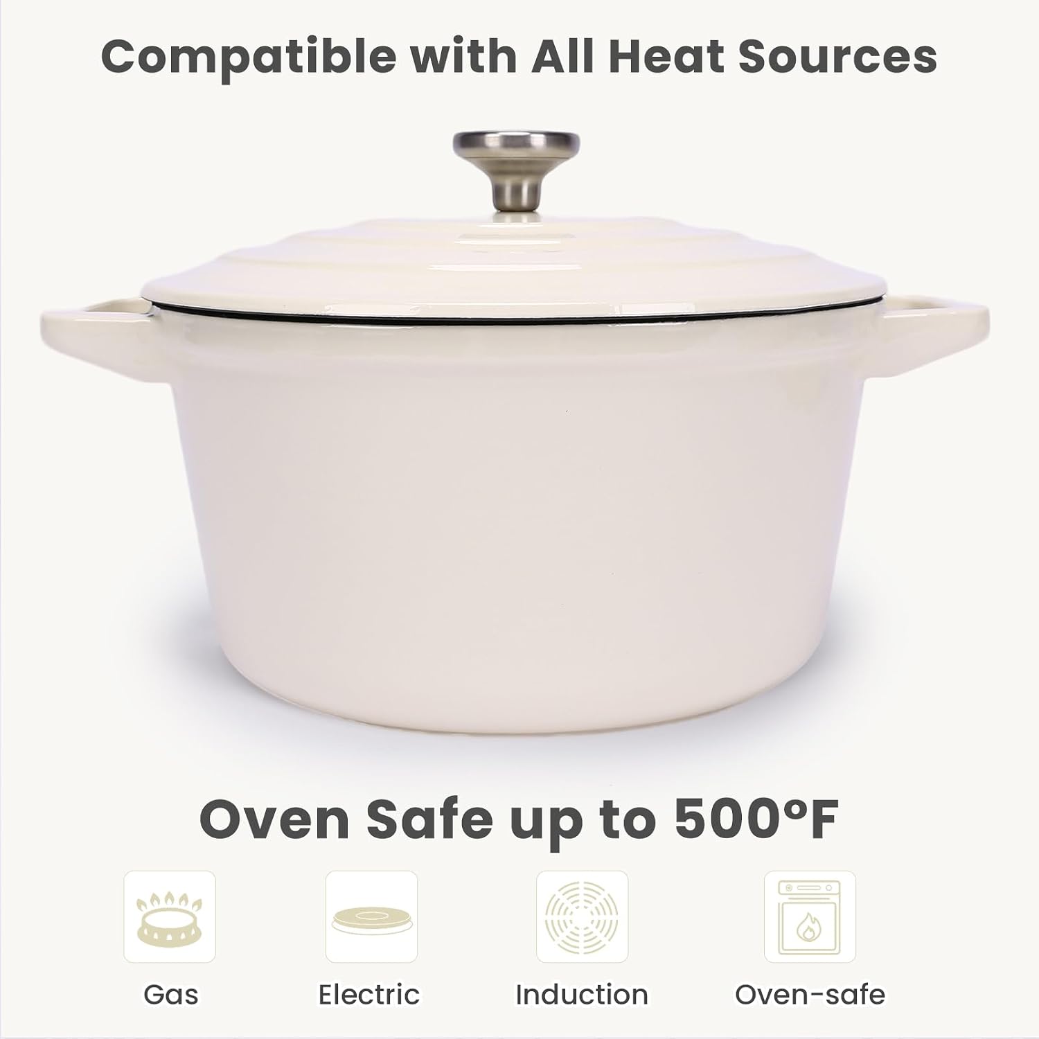 QuliMetal Enameled Cast Iron Set 5-Pc, 10' Stackable Space-Saving Cookware Set, Dutch Oven, Skillet, Grill Pan, with 2 Universal Lid, Versatile Enamel Dutch Oven, Included Spacers, White