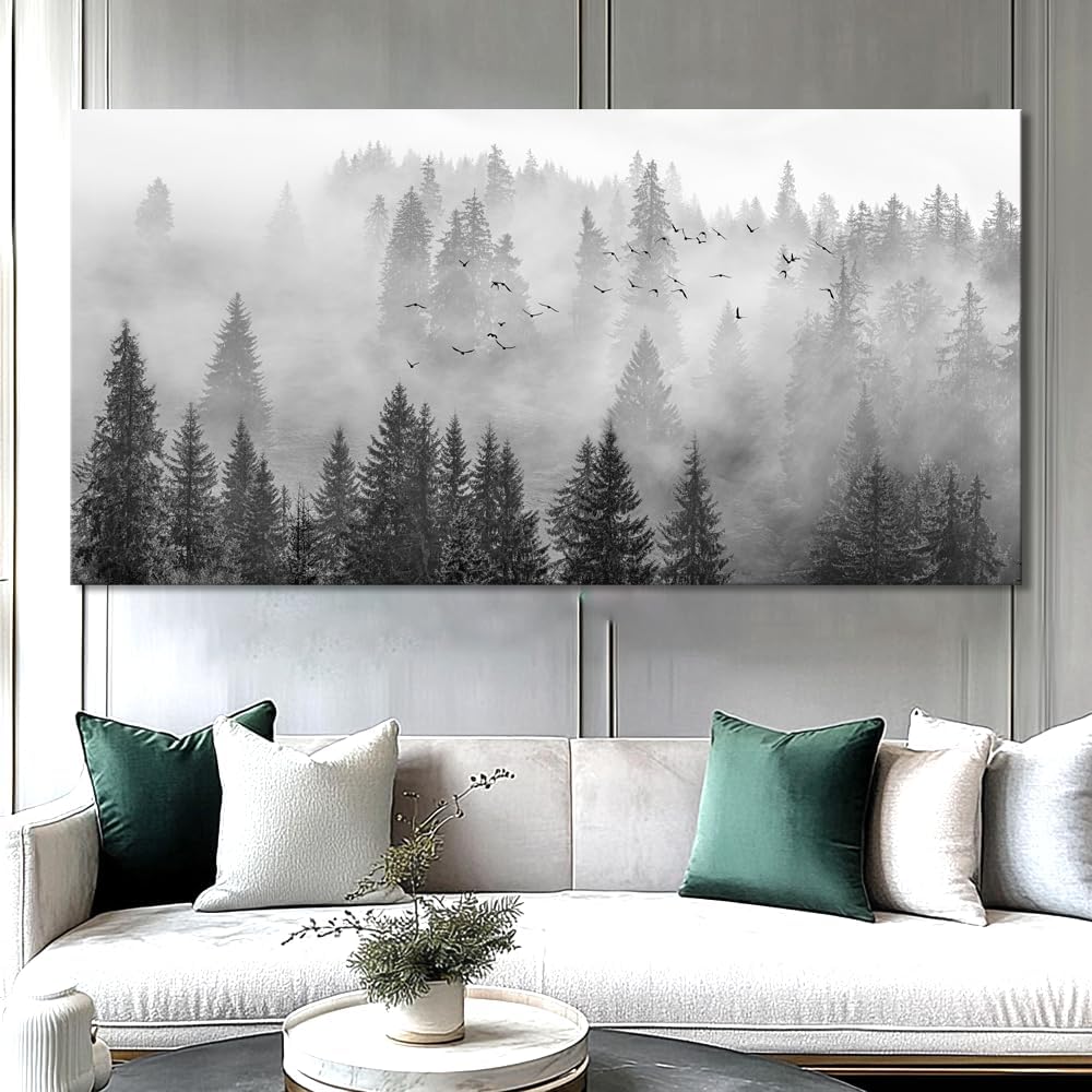 vgrozirh Wall Art Foggy Forest Black and White Wall Art Nature Landscape Mountain Photographic Printed on Canvas for Bedroom Living Room Office Home Decor Ready to Hang 79'x40'(200X100CM)