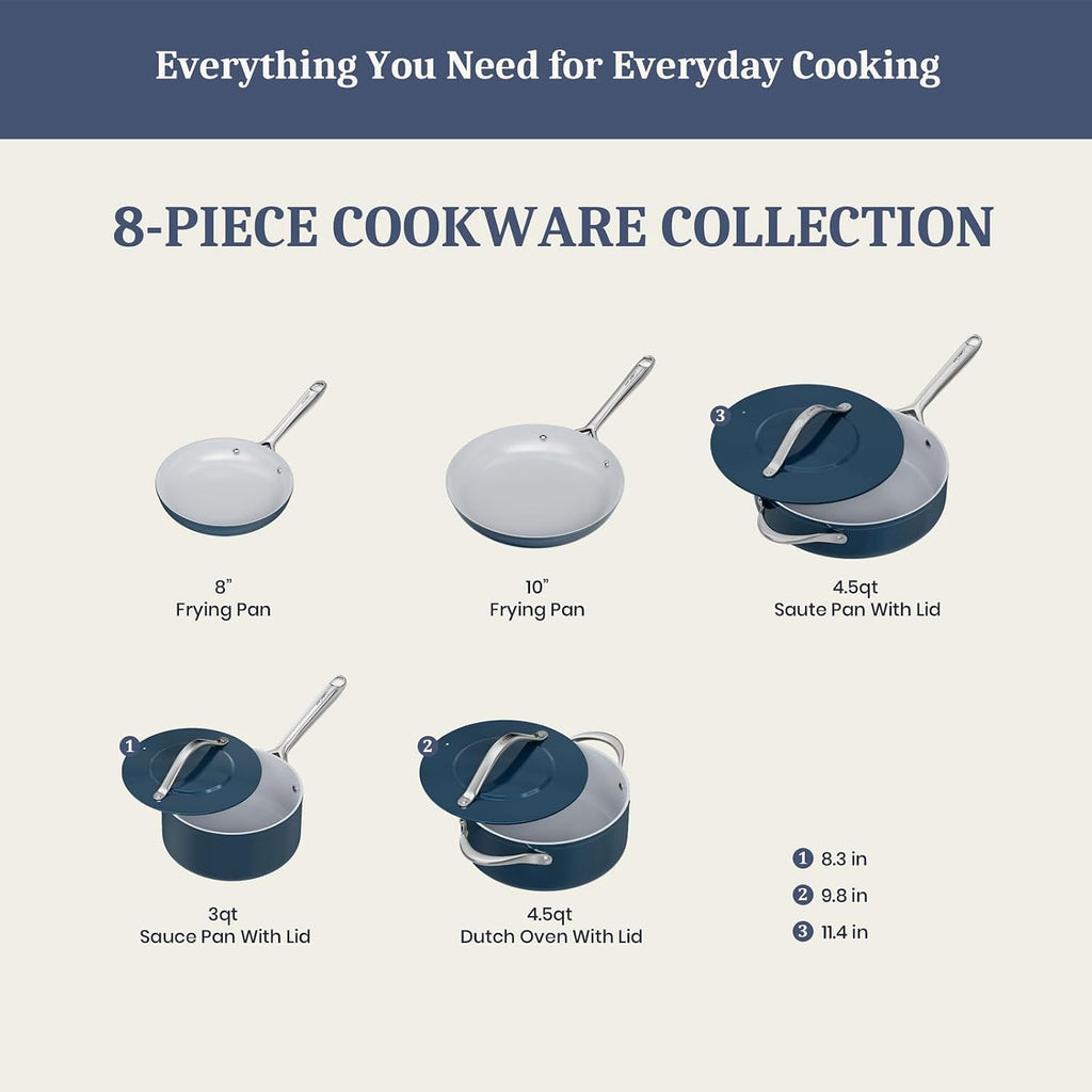 CookinCraze Ceramic Cookware Set 8 Pieces Nonstick Pots and Pans Set with Lid PFAS-Free Non Toxic Cookware, Induction Compatible, Oven Safe, Quick & Even Heat Distribution, Navy Blue